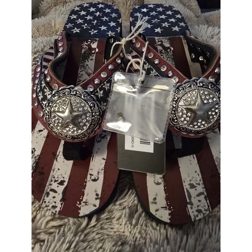 Montana West Women's Red White&Blue Flip Flops with Rhinestone Star Concho SZ10
